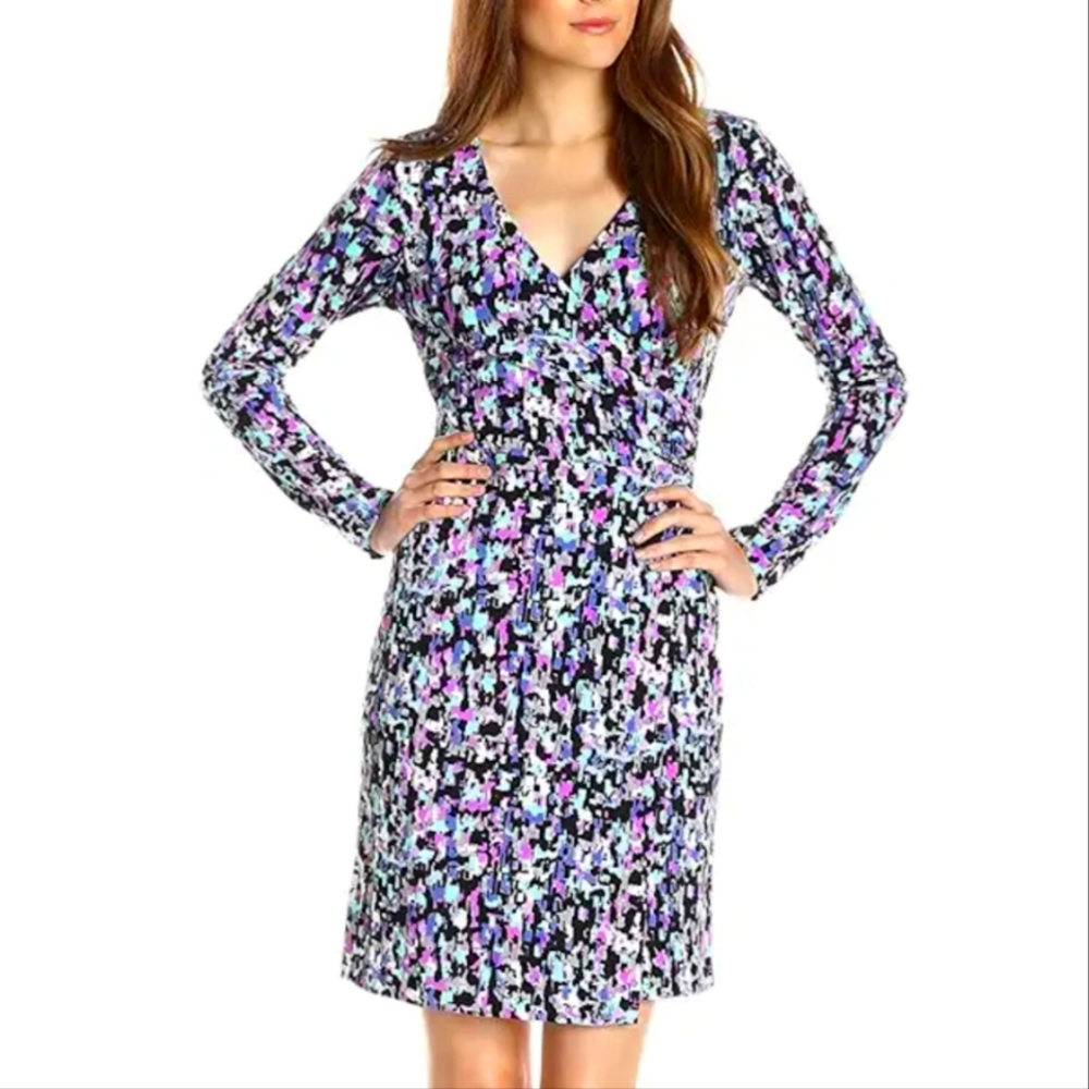 Susana Monaco Wrap Dress Long Sleeve Abstract Black Purple Short Stretch XS